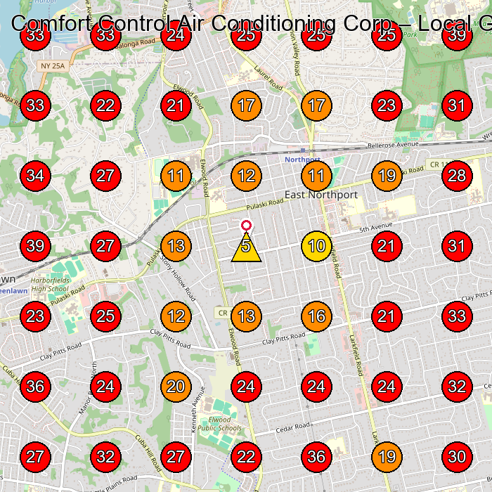Comfort Control Air Conditioning Corp GeoGrid visibility map for Heating Contractor in Kings Park